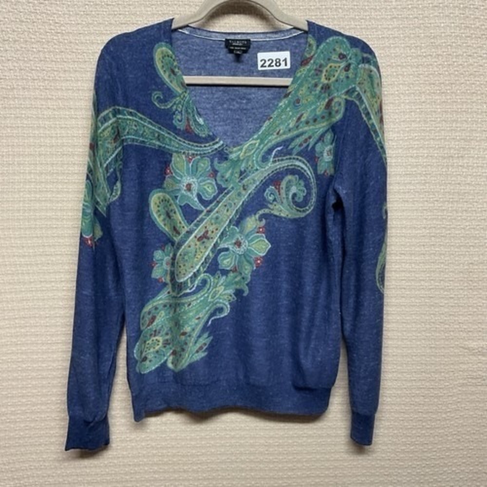 Talbots Pastel Blue Paisley V-Neck‎ Sweater Pullover Women Large China 100% Wool